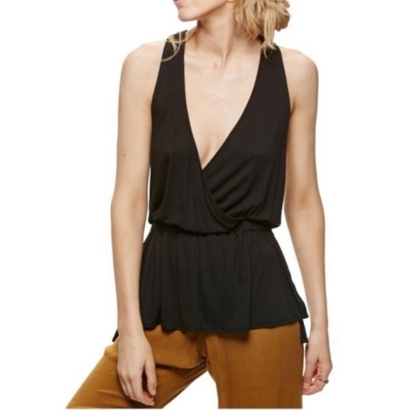 Free People Tank Top • We the Free Black Heat Wave Peplum Surplice Sleeveless - Picture 1 of 12